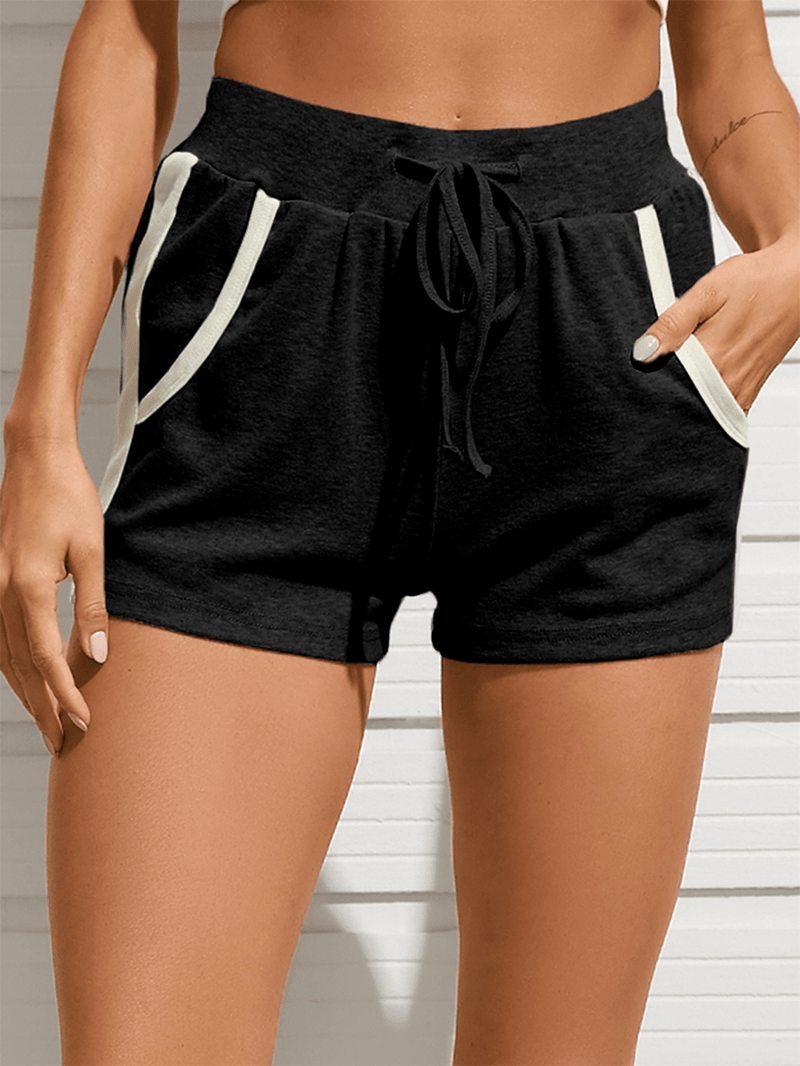 Women Side Striped Print Drawstring Pocket Short Casual Home Sports Shorts - MRSLM
