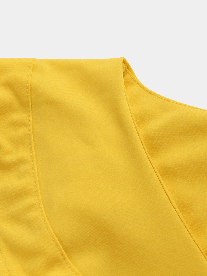 Yellow V-Neck Irregular Hem Crossed Front Design Ruffle Midi Dress - MRSLM