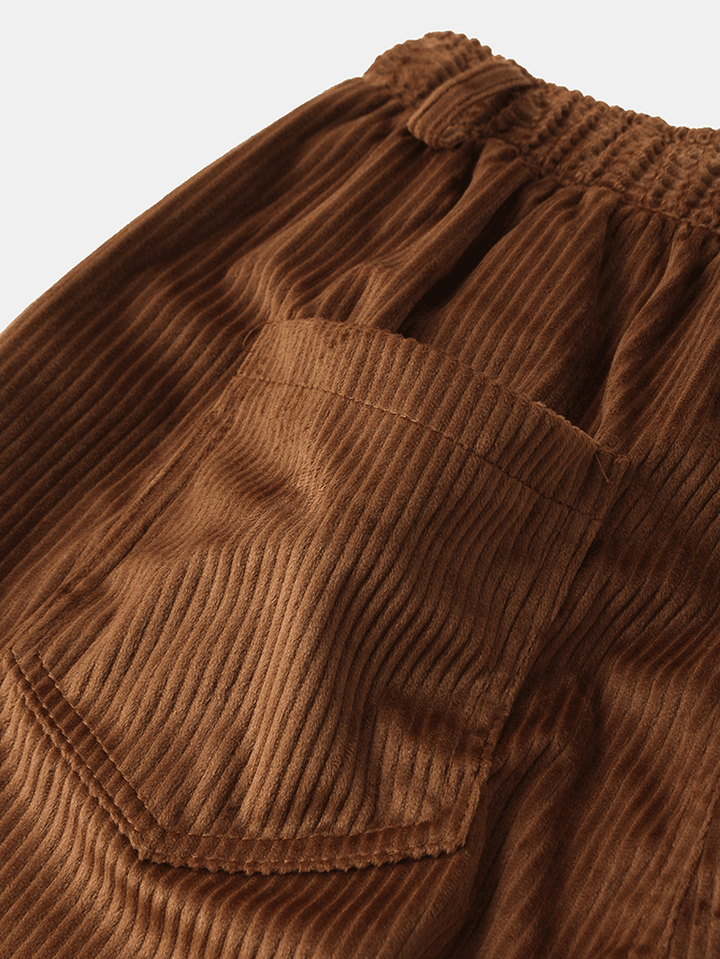 Mens Corduroy Cotton Applique Solid Loose Casual Elastic Waist Pants - MRSLM