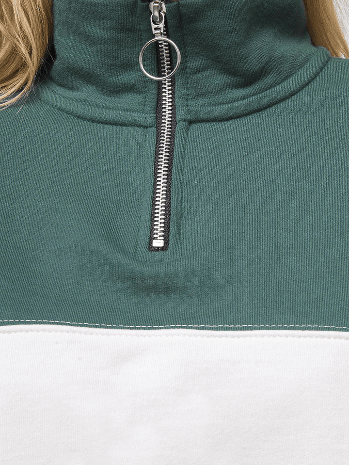 Women Patchwork Pullover Half Zipper Front Long Sleeve Hoodies - MRSLM