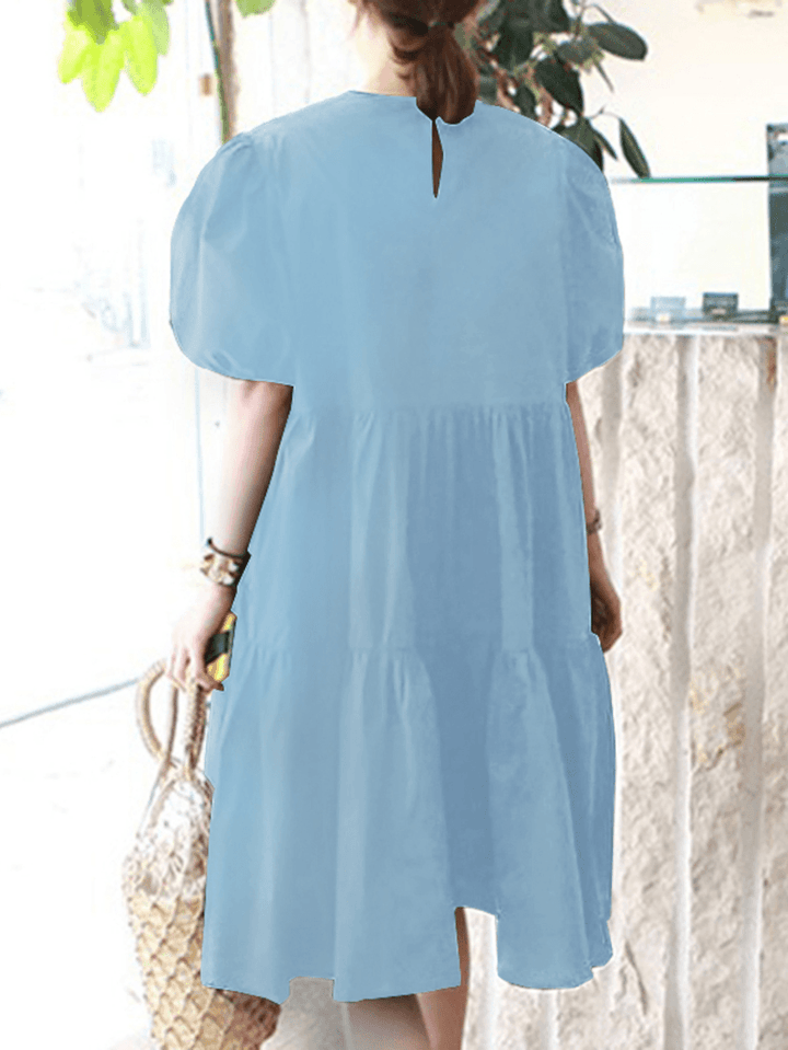 Women Solid Color Tiered round Neck Stitching Casual Short Sleeve Midi Dresses - MRSLM