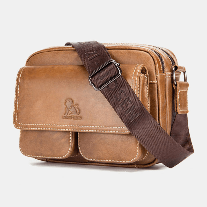 Men Genuine Leather Large Capacity Multi-Pocket Anti-Theft Vintage Crossbody Bag Cowhide Shoulder Bag - MRSLM