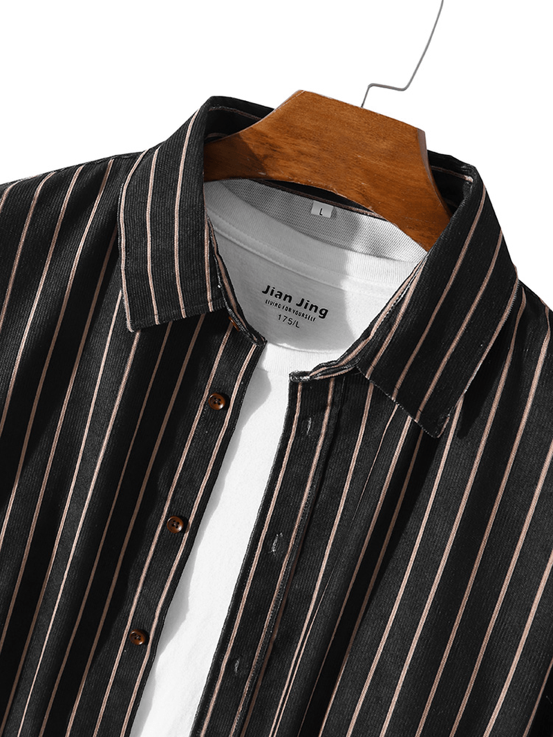 Men Striped Corduroy Button up Vintage Casual Long Sleeve Shirts - MRSLM