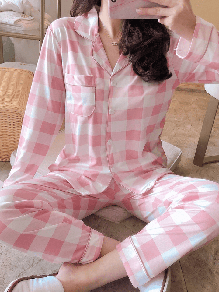 6 Patterns Womens Plaid Revere Collar Long Sleeve Loose Home Pajama Set - MRSLM