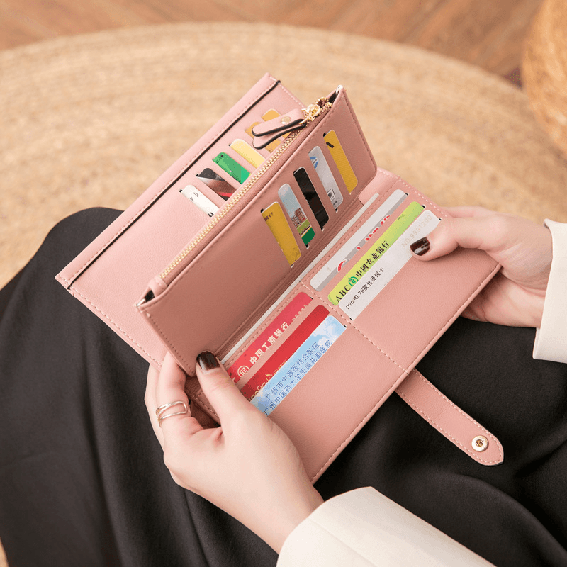 Women 21 Card Slots Solid Long Wallet Purse Phone Bag - MRSLM
