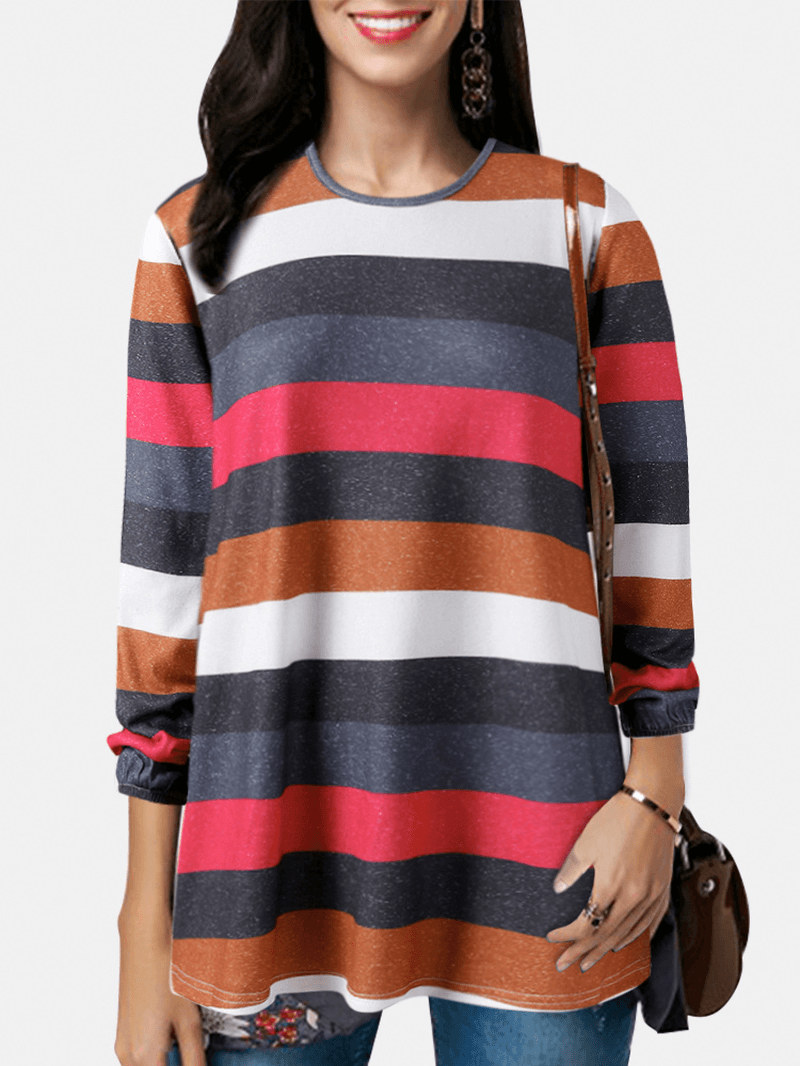 Women Colorful Horizontal Stripe round Neck Casual Long Sleeve Blouses - MRSLM