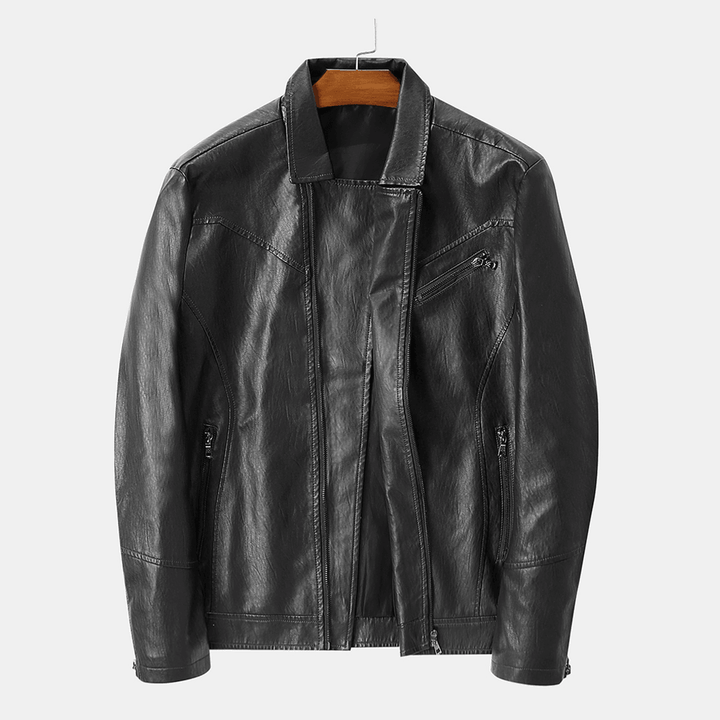 Men Zipper Cuff Multi Pockets Leather Rider Jacket - MRSLM