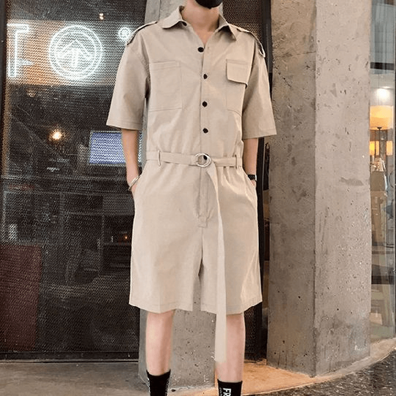 Fashion Men Romper Jumpsuit with Belt Half Sleeve Streetwear - MRSLM
