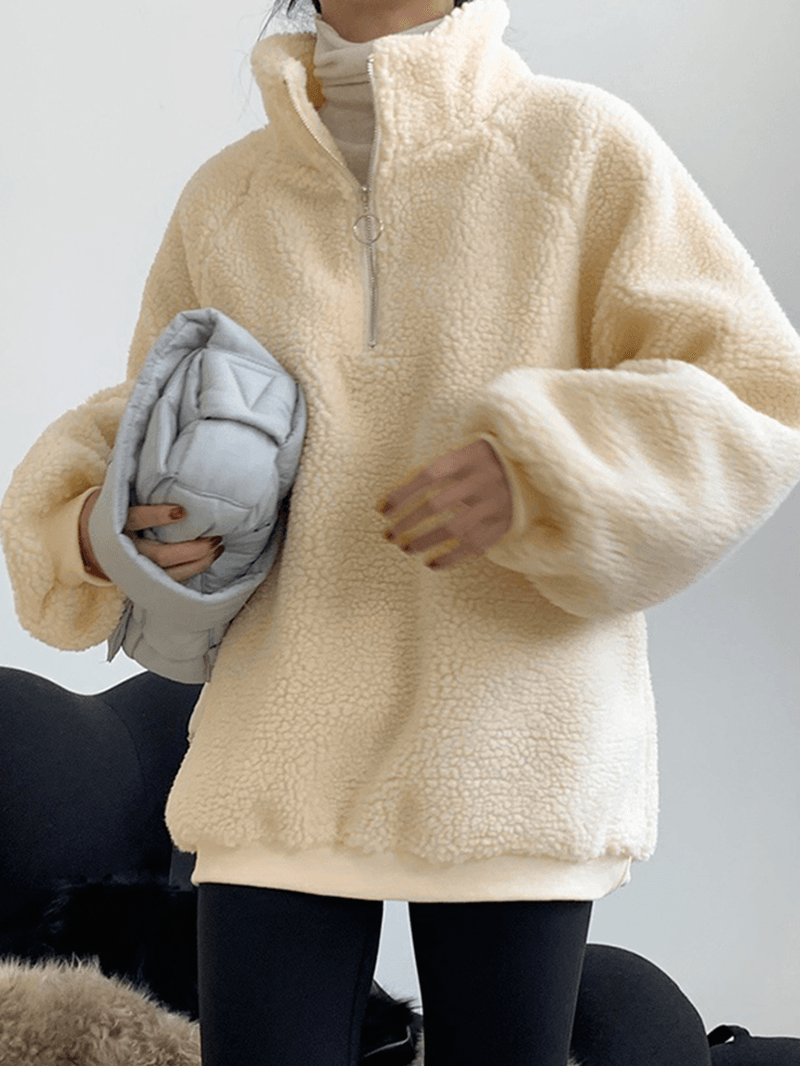 Women Fleece Casual Loose Solid Zipper Stand Collar Long Sleeve Pullover Sweatshirt - MRSLM