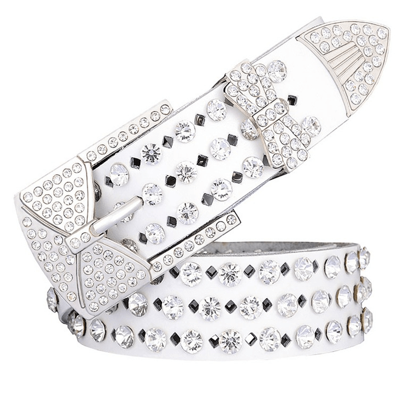 Women'S Leather Hollow Leather Belt with Rhinestones and Butterfly Pin Buckle - MRSLM