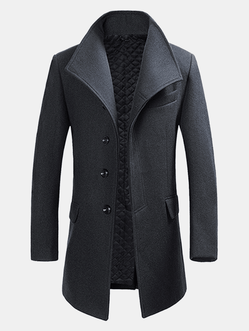 Mens Winter Single-Breasted Woolen Blended Trench Coat Fashion Solid Color Overcoat - MRSLM