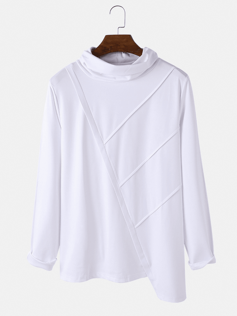 Mens Simple Solid Color High Neck Asymmetrical Hem Long Sleeve T-Shirts - MRSLM