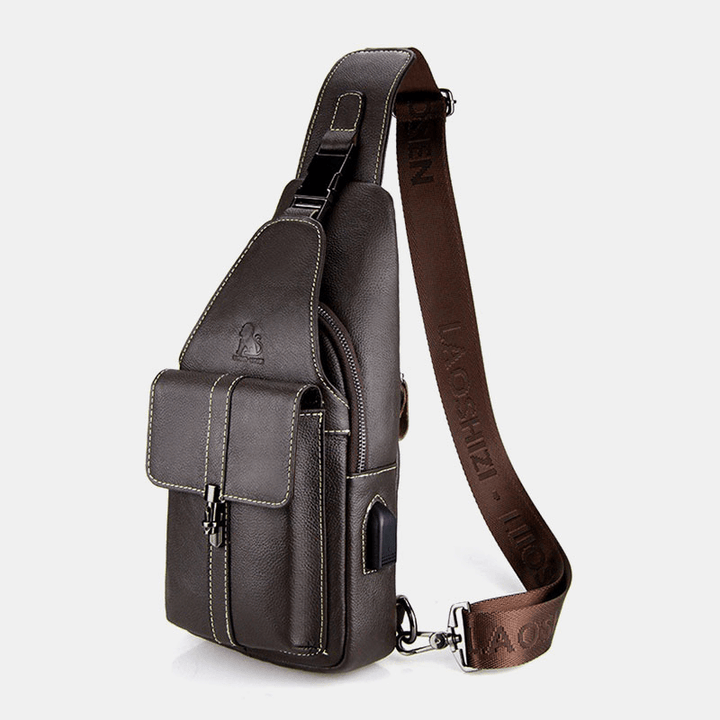 Men Genuine Leather USB Charging Retro Casual Cowhide Chest Bag Sling Bag Crossbody Bag - MRSLM