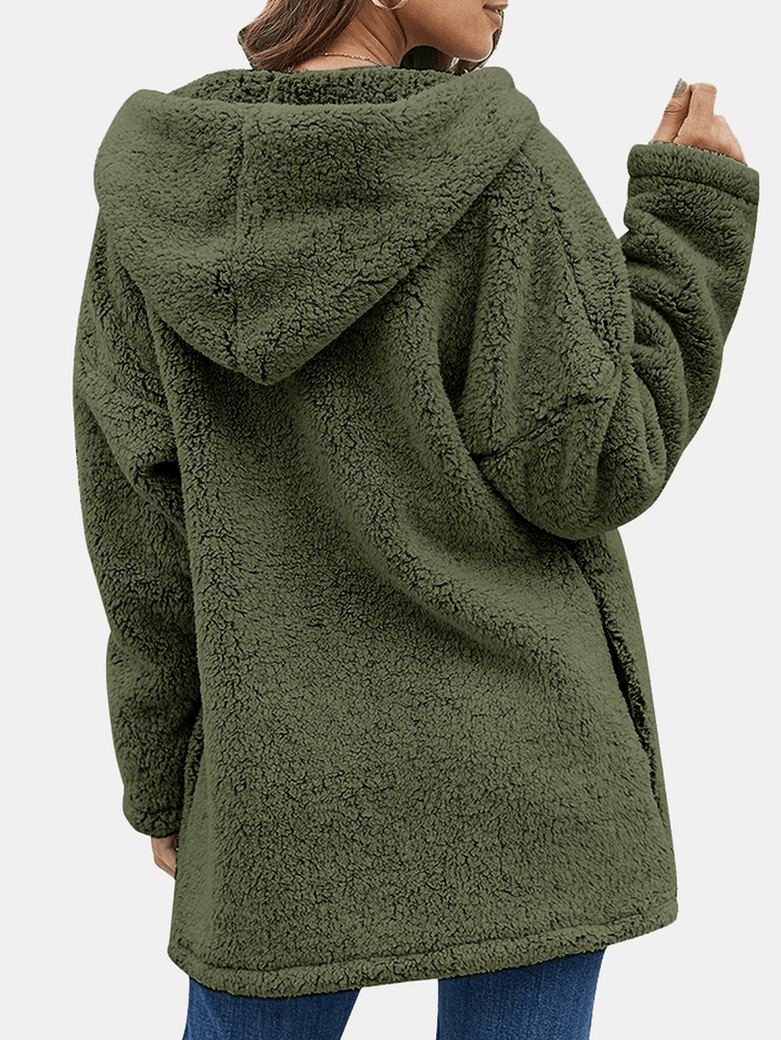 Women Fluffy Solid Full Zipper Hood Side Pocket Long Sleeve Warm Casual Hooded Sweatshirts - MRSLM
