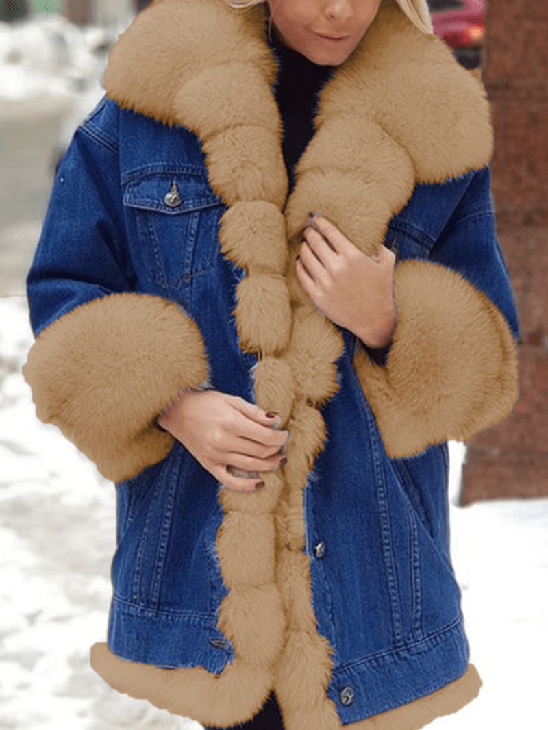 Women Distressed Denim Patchwork Warm Casual Faux Fur Coats - MRSLM