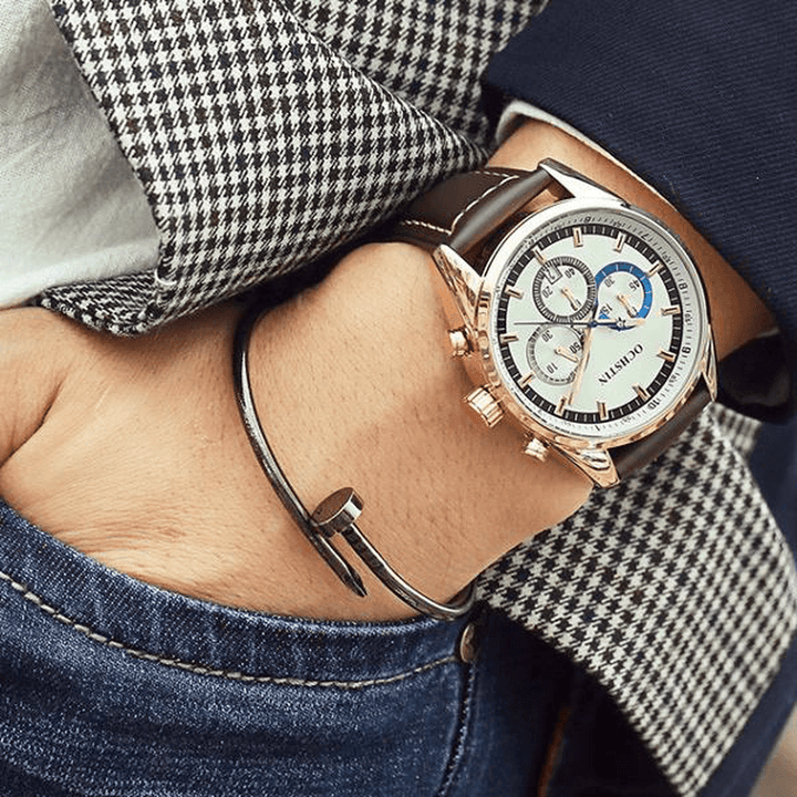 OCHSTIN 6046G Men Quartz Watch Luxury Leather Strap Business Watch - MRSLM