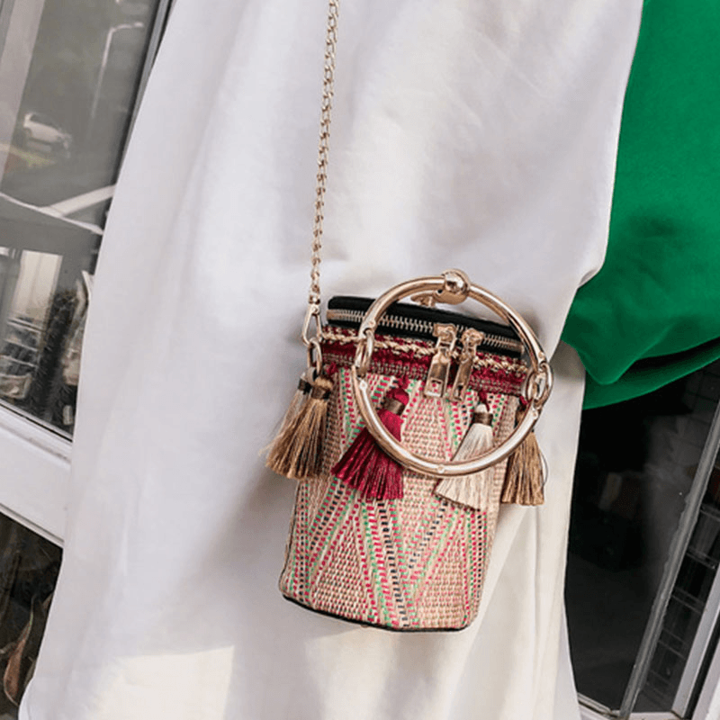 Women Summer Tassel Chains Straw Handbag Crossbody Bag Shoulder Bag - MRSLM