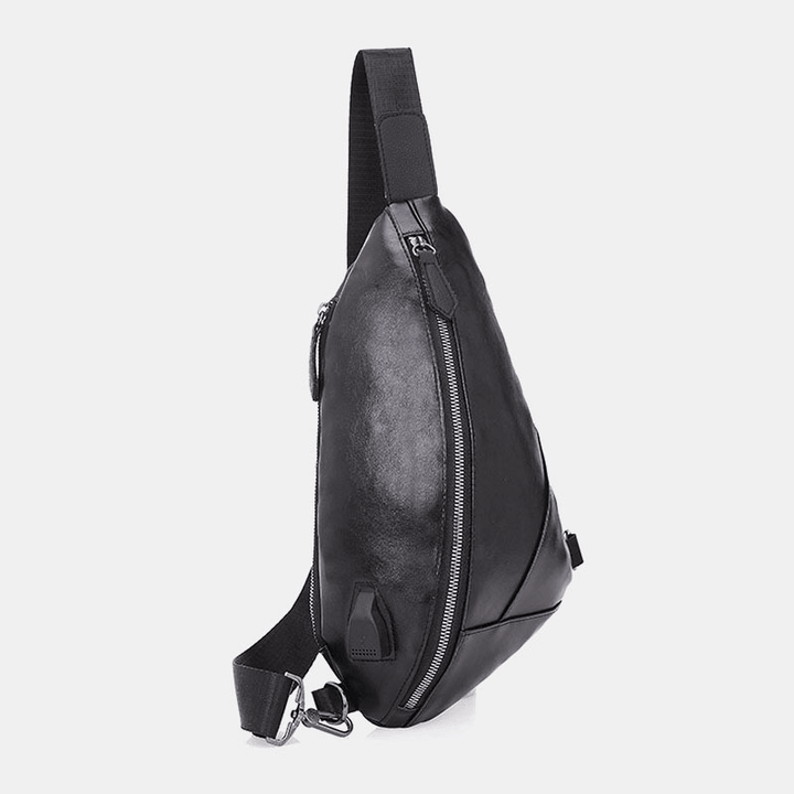 Men PU Leather USB Charging Waterproof Casual Crossbody Bag Chest Bag Sling Bag - MRSLM