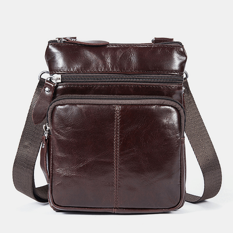 Men Genuine Leather Multi-Pocket Casual Business 6.3Inch Phone Bag Crossbody Bags First Layer Cowhide Shoulder Bag - MRSLM