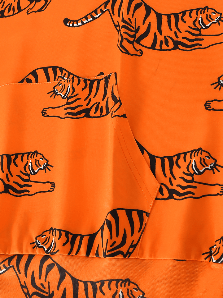 Mens Cartoon Tiger Print Long Sleeve Pocket Orange Drawstring Hoodies - MRSLM