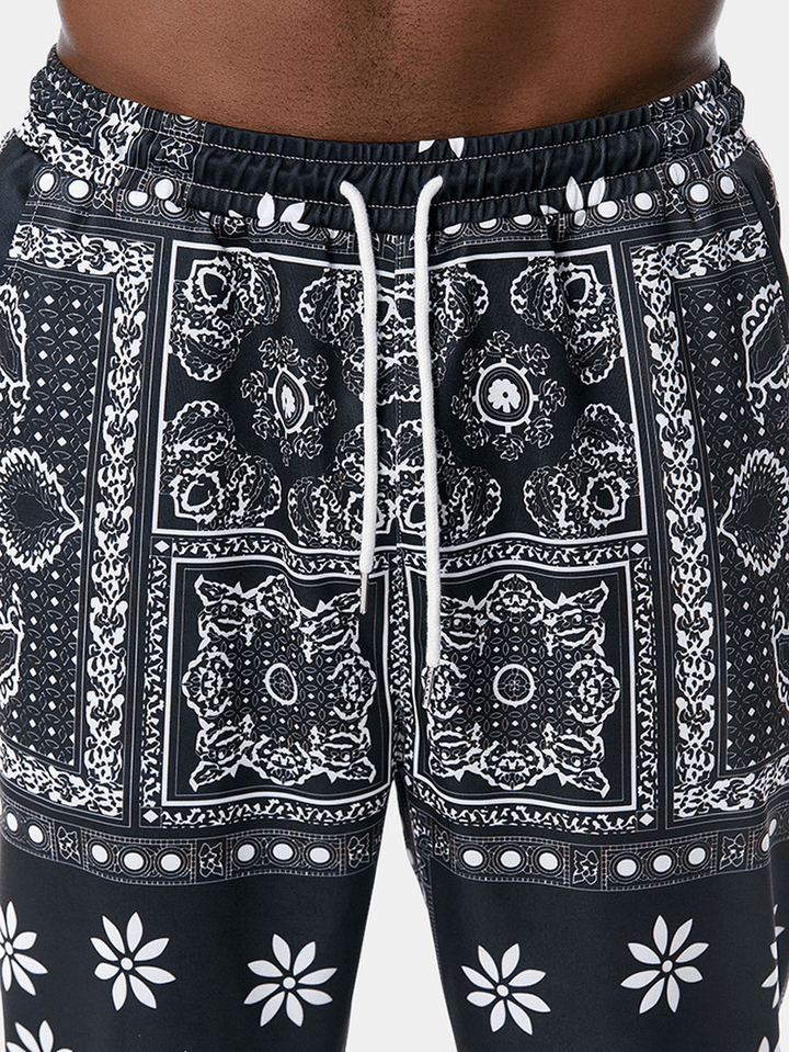 Mens Paisley Print Ethnic Style Drawstring Jogger Pants with Pocket - MRSLM