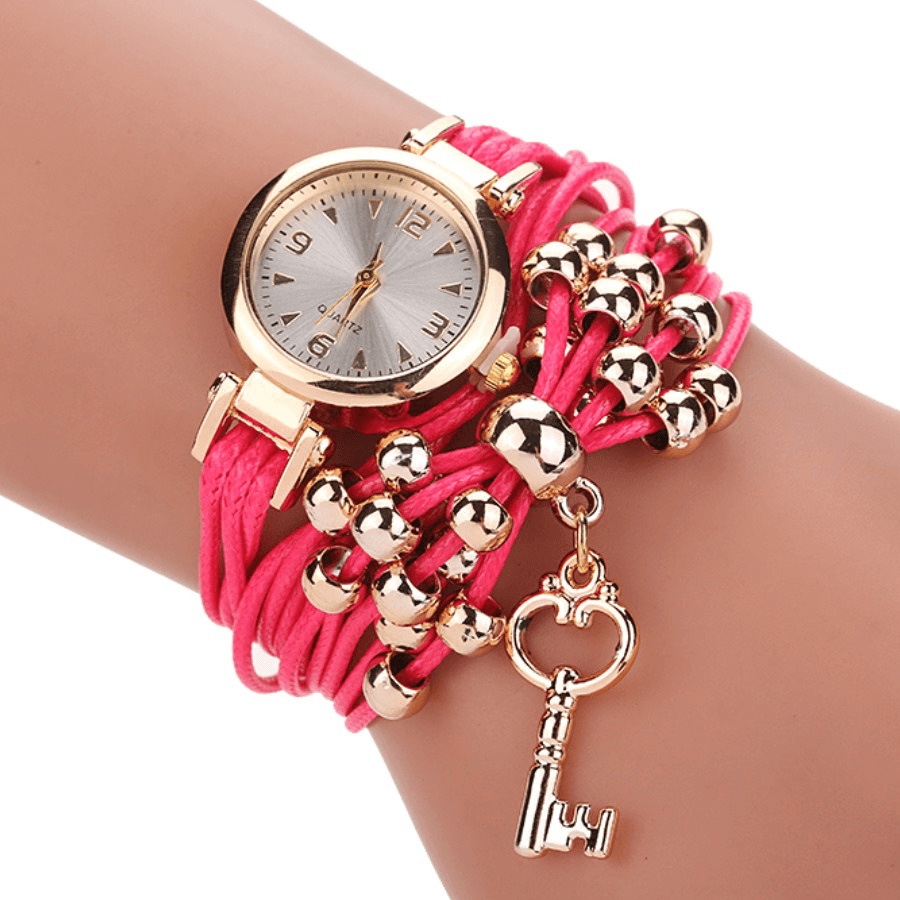 Gold Case Colorful Leather Beading Strap Ladies Dress Women Bracelet Wristband Quartz Watch - MRSLM
