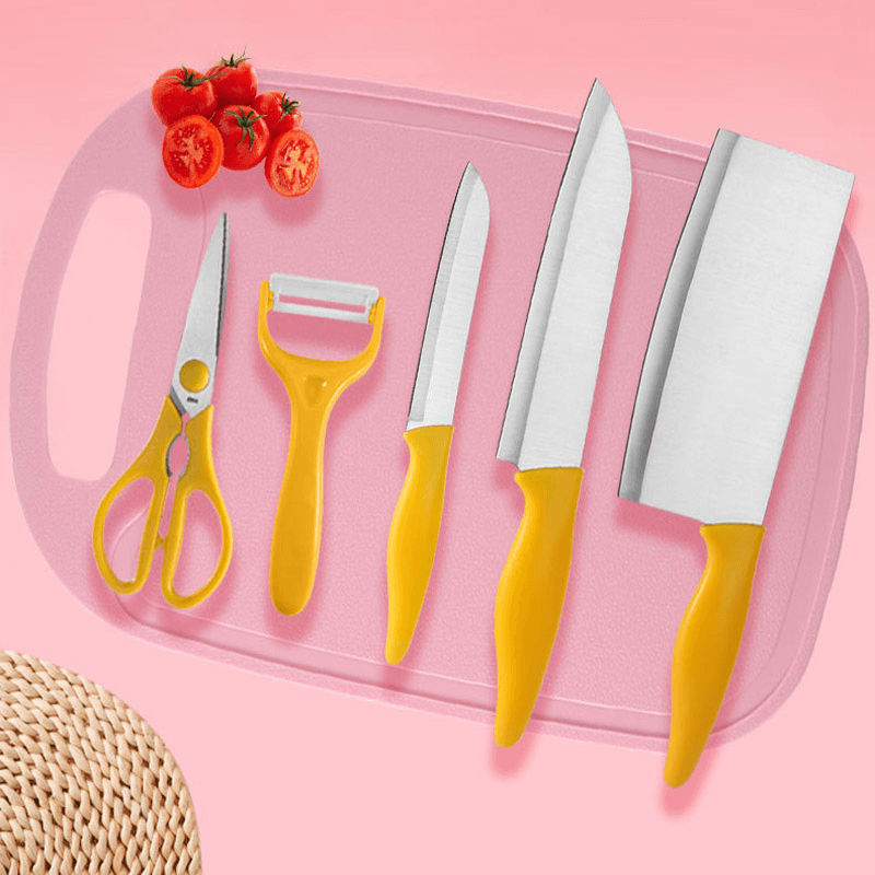 6PCS Wheat Straw Kitchen Knife Cutting Board Cutter Stainless Steel Chef Knife Peele Scissor Sets Fruit Knife Multi-Purpose Knife - Yellow - MRSLM