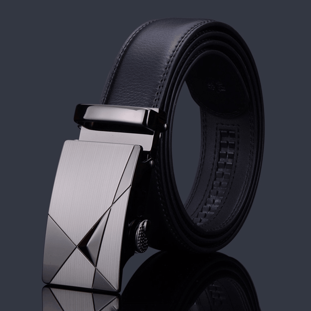 Men Genuine Leather Rectangular Automatic Buckle Ratchet Belt Business Casual Scratch-Resistant Cowhide Belt - MRSLM