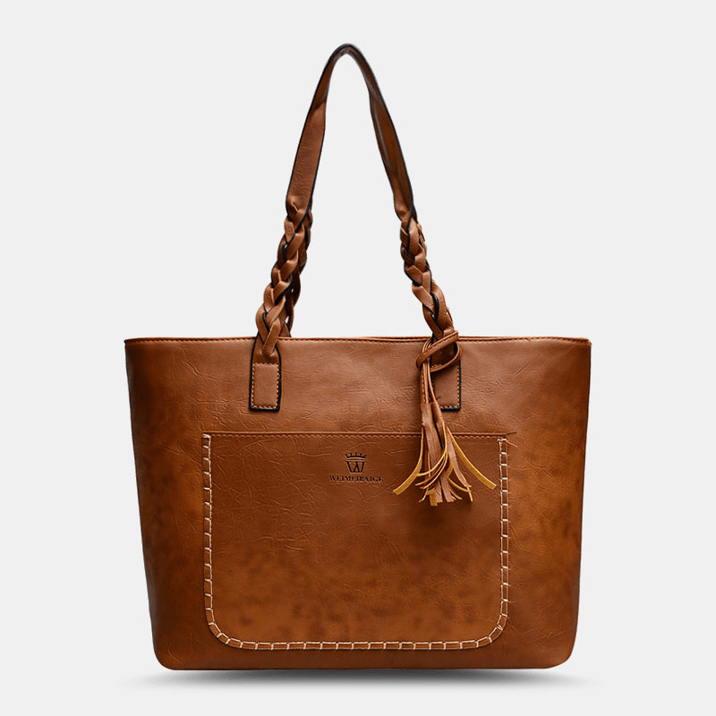 Women Tassel Decoration Tote Large Capacity Woven Handle Handbags Shoulder Bag - MRSLM
