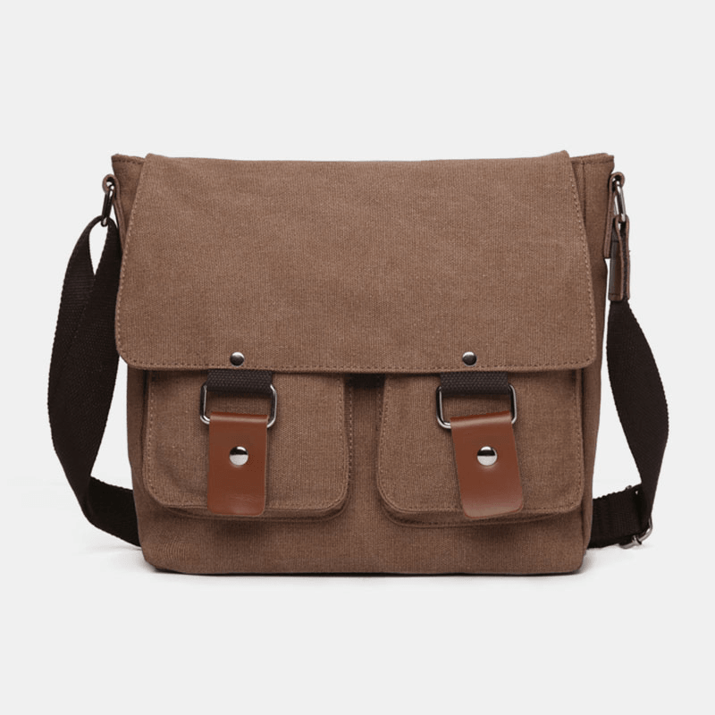 Men Double Front Pocket Large Capacity Crossbody Bag Retro Canvas Horizontal Solid Color Anti-Theft Shoulder Bag - MRSLM