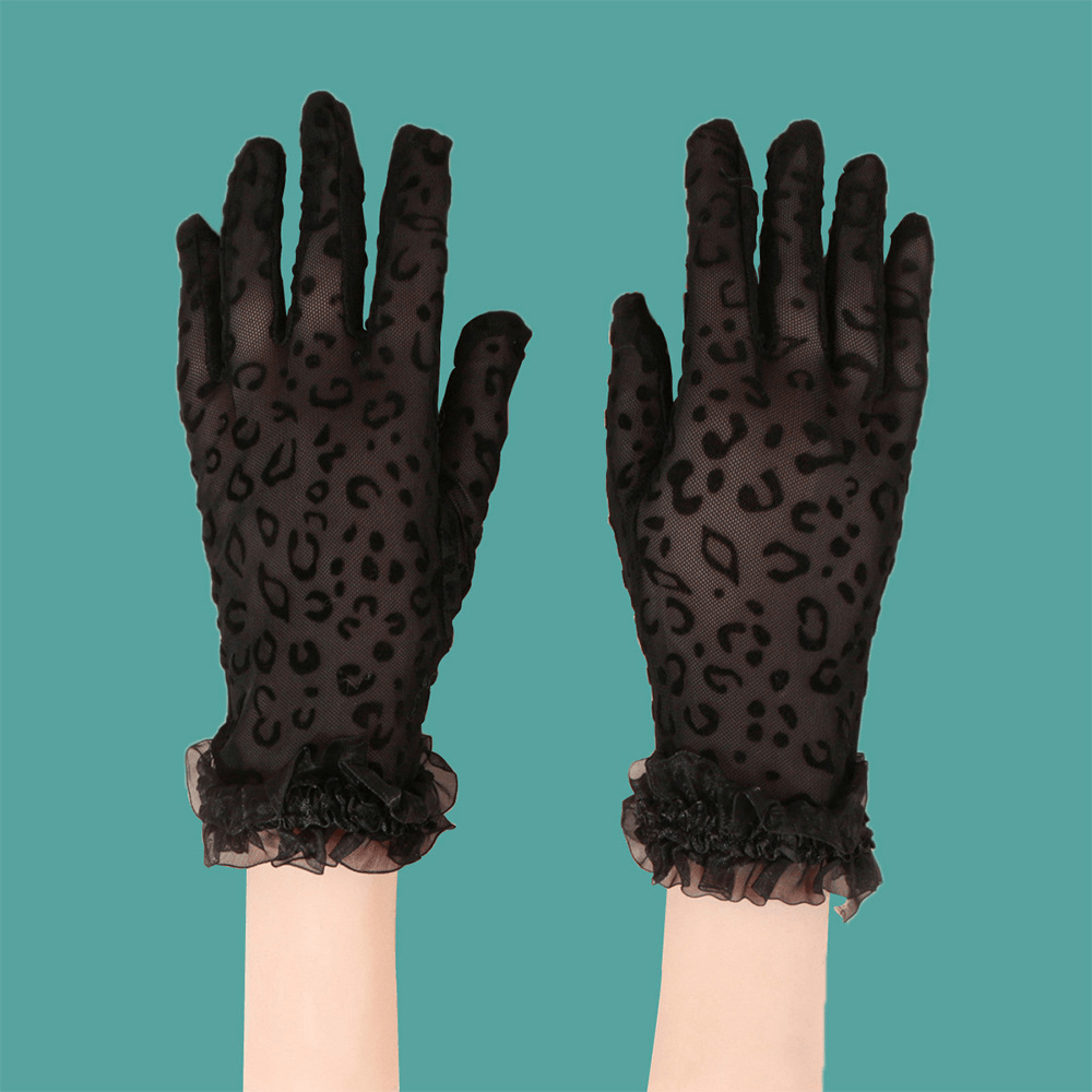 Women Polyester Cotton Lace Leopard Pattern Sunshade Breathable Short Full Finger Gloves - MRSLM