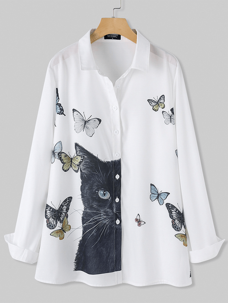 Women Cartoon Cat Butterfly Print Button up Lapel Casual Long Sleeve Shirts - MRSLM