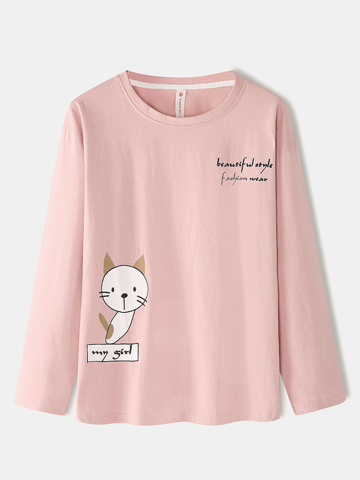Women Cartoon Cat Print Long Sleeve Pullover Elastic Waist Pocket Pants Pink Home Pajama Set - MRSLM