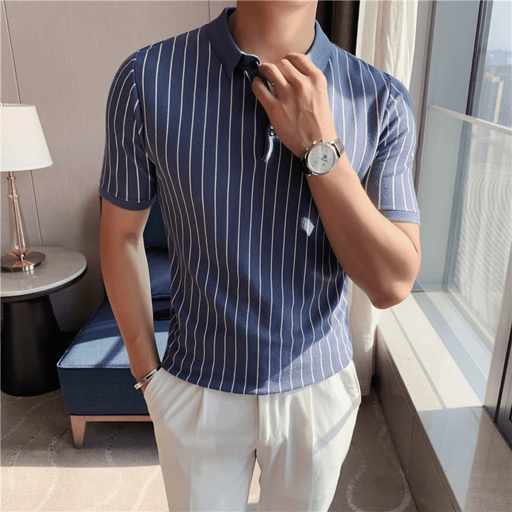 Lapel Tight-Fitting Striped Stretch Short-Sleeved T-Shirt - MRSLM