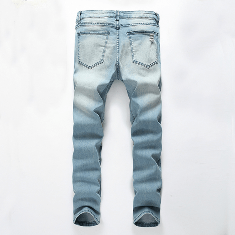 Mens Holes Fashion Casual Straight Legs Jeans Vintage Light Blue Denim Pants - MRSLM