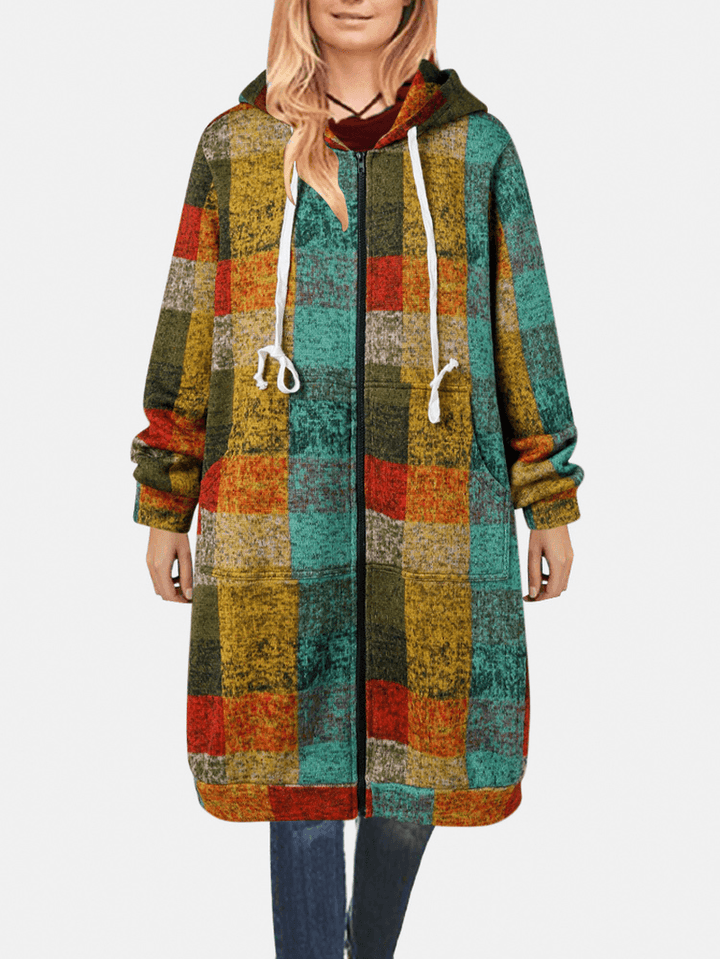 Women Colorful Plaid Zipper Long Sleeve Casual Hooded Coats with Pocket - MRSLM