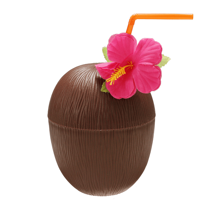 12Pcs Plastic Coconut Pineapple Cup W/ Straw Tropical Hawaiian Luau Hula Beach Pool Party Cup Decor - MRSLM