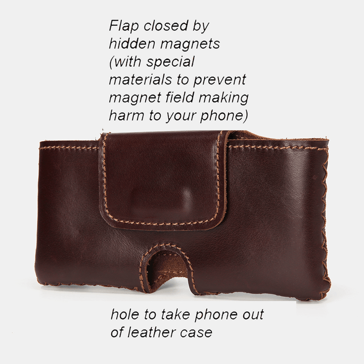 Men Handmade Genuine Leather Belt Carry 6.3 Inch Phone Bag Solid Color Daily Casual Belt Bag Waist Bag - MRSLM