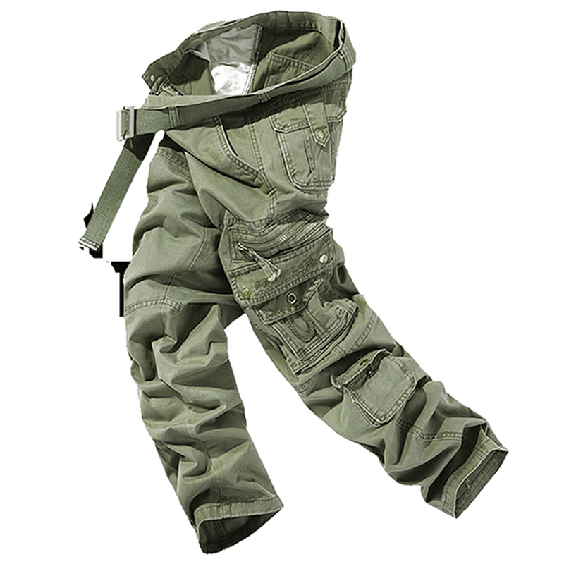 Mens Solid Color Multi-Pockets 100%Cotton Casual Cargo Pants Outdoor Straight Trousers - MRSLM
