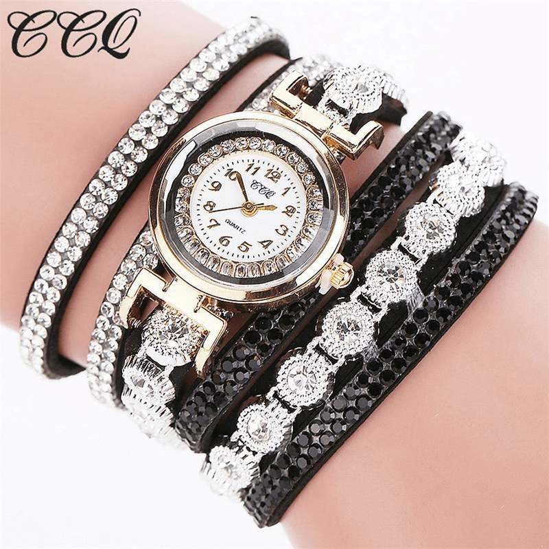 CCQ Fashion Luxury Rhinestone PU Leather Band Women Quartz Bracelet Watch - MRSLM