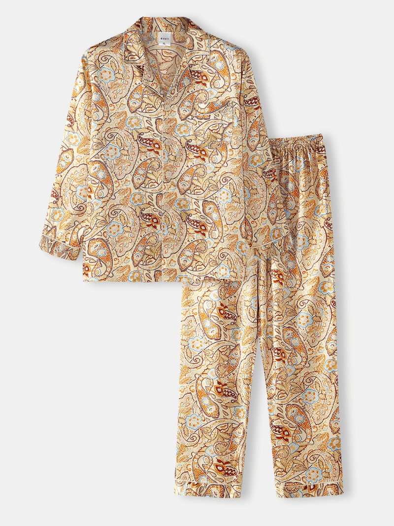 Mens Paisley Print Ethnic Style Flap Pocket Long Sleeve Home Casual Pajama Set - MRSLM