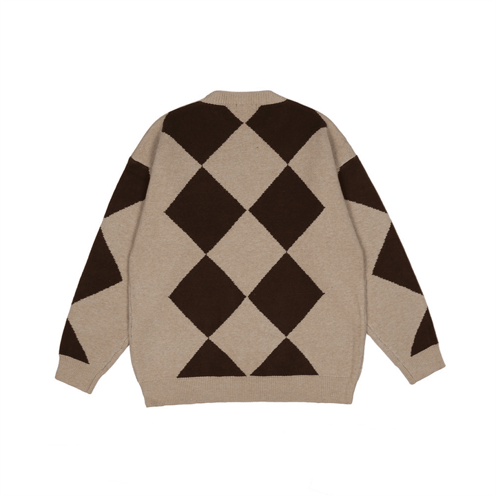Diamond Contrast Jacquard Sweater Men'S Bf Lazy Trend Loose round Neck Sweater - MRSLM
