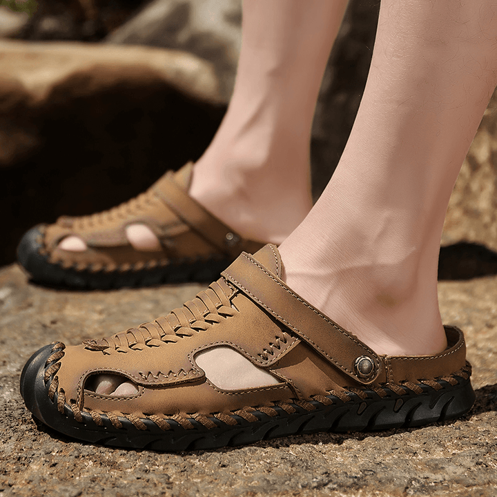 Men Outdoor Microfiber Leather Woven Non Slip Hand Stitching Water Sandals - MRSLM