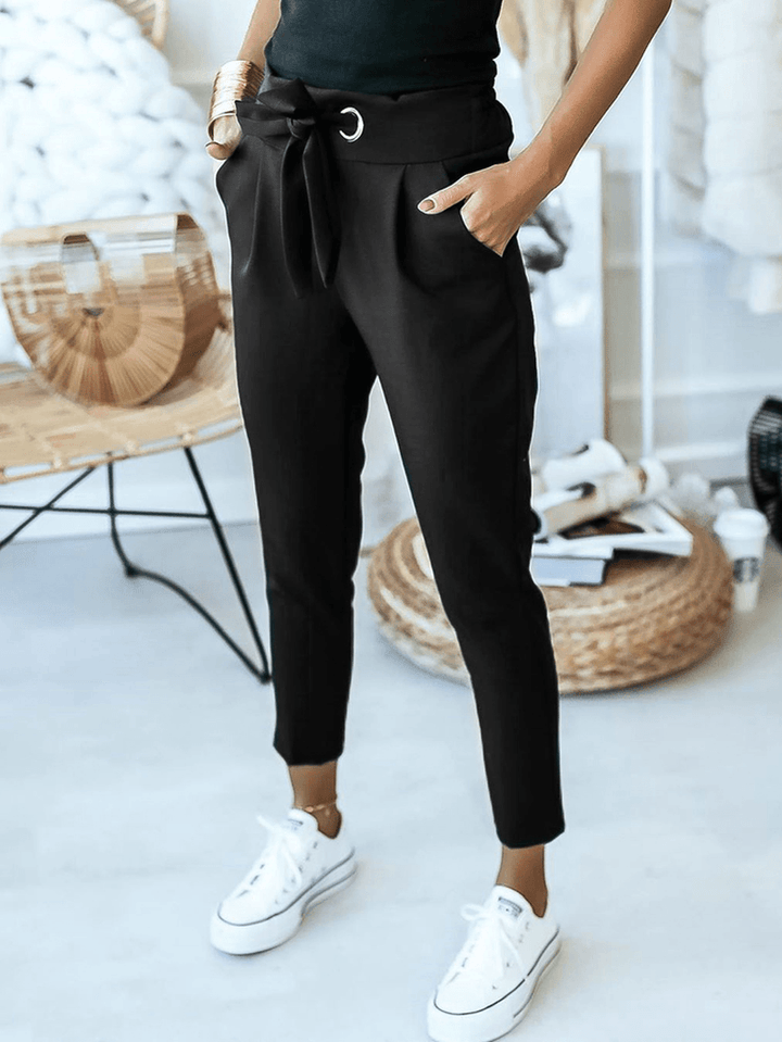 Women Solid Color Lace-Up Pleated Casual Regular Fit Pencil Pants - MRSLM