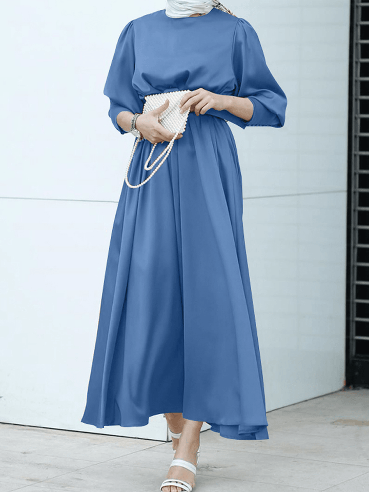 Women Pure Color Lace up Puff Sleeve Casual Kaftan Maxi Dresses - MRSLM
