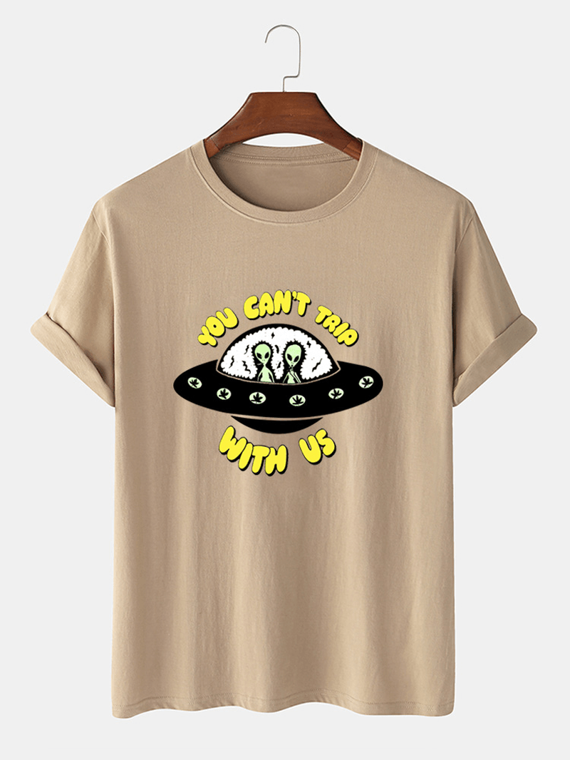 100% Cotton Cartoon UFO & Letter Print Short Sleeve Casual T-Shirts - MRSLM