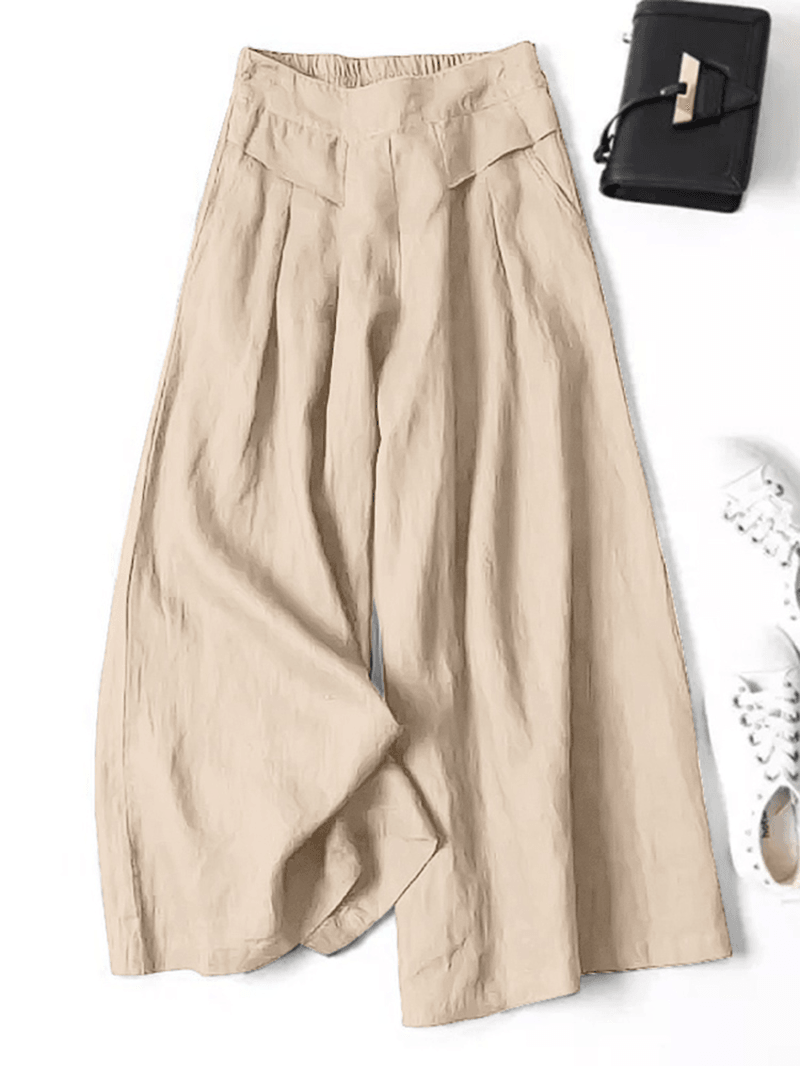 Women 100% Cotton Wide Leg Side Pockets Solid Color Ankle Length Elastic Waist Pants - MRSLM