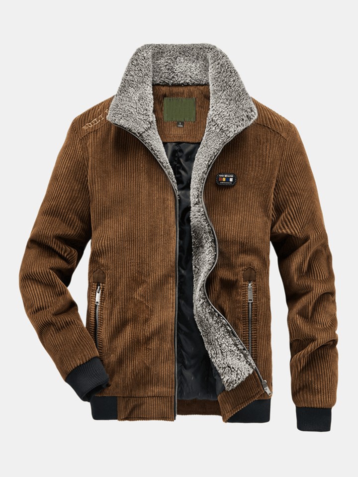 Mens Winter Corduroy 100% Cotton plus Velvet Warm Zipper Casual Solid Jacket - MRSLM