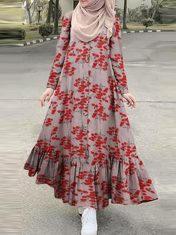 Women Cotton Floral Print Holiday Ruffles Hem Button down Robe Contrast Color Maxi Dress - MRSLM