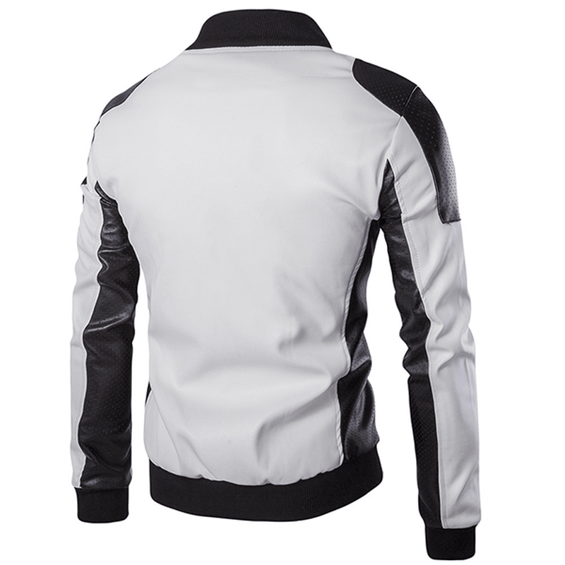 Mens PU Leather Fashion Black White Stitching Motorcycle Biker Jacket Baseball Collar Coat - MRSLM